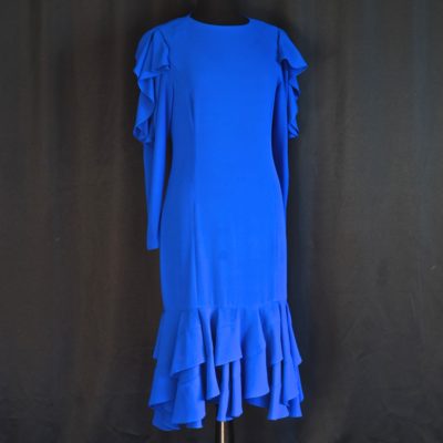 Frank Usher cobalt blue 1980s' dress with flounced bottom, made in the UK.