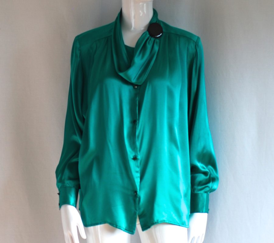 Vanessa green long sleeve silk blouse with a big black button accent, made in Italy