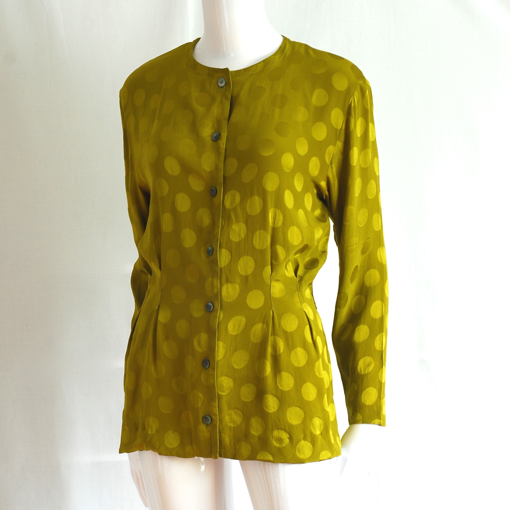 Celine Paris Two Tone Green Dot Fitted Long Silk Blouse – France ...