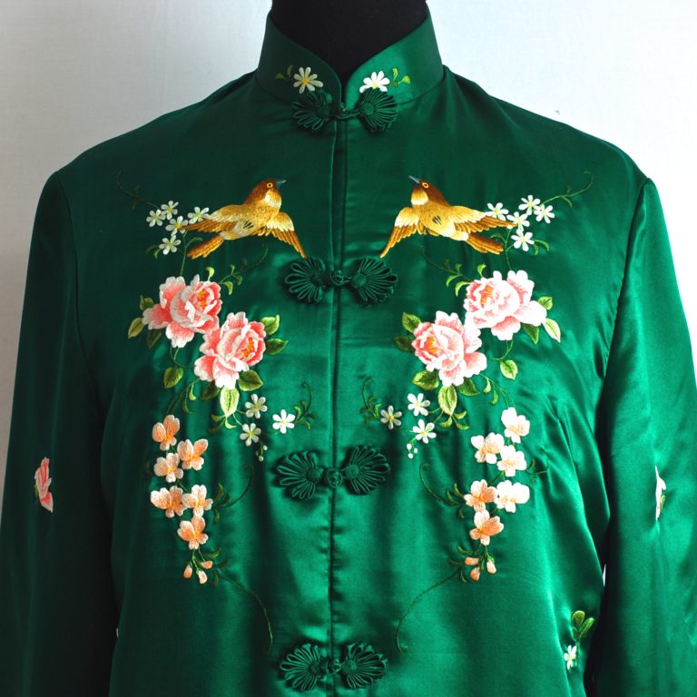 Vintage Hand Embroidered Emerald Green Chinese Silk & Rayon Robe ...