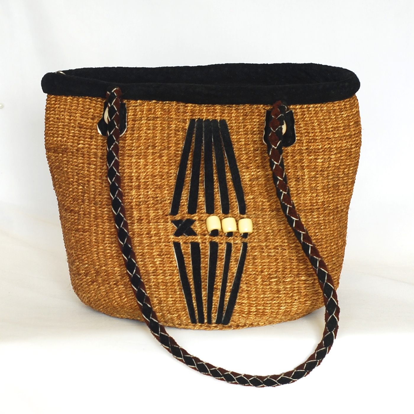 Hand Woven Straw Bucket Bag With Black Suede Trim & Braided Handles ...
