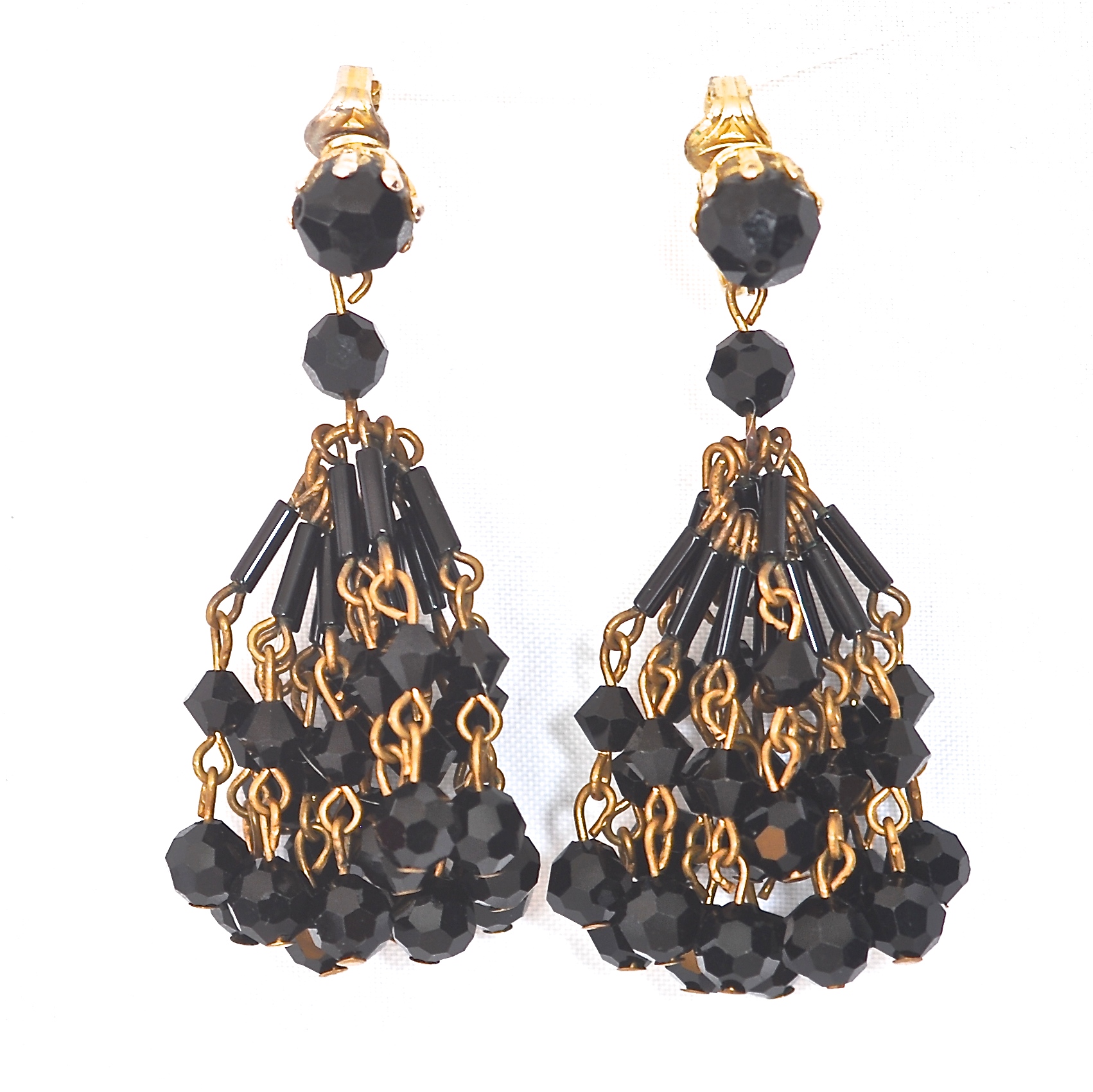 1960’s Chandelier Ear Clips Featuring Clusters Of Faceted Black Glass ...