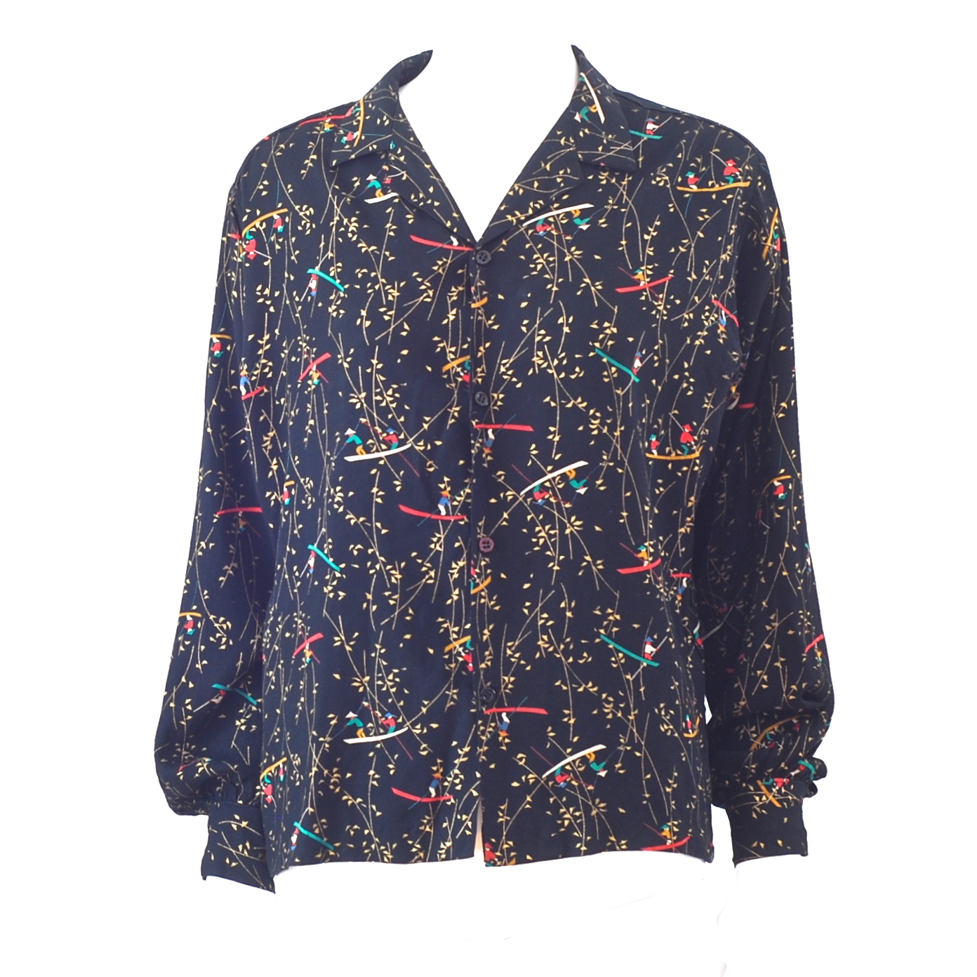 Hand Printed 1970’s Chinoiserie Blouse With Green, Red & Gold On Black ...