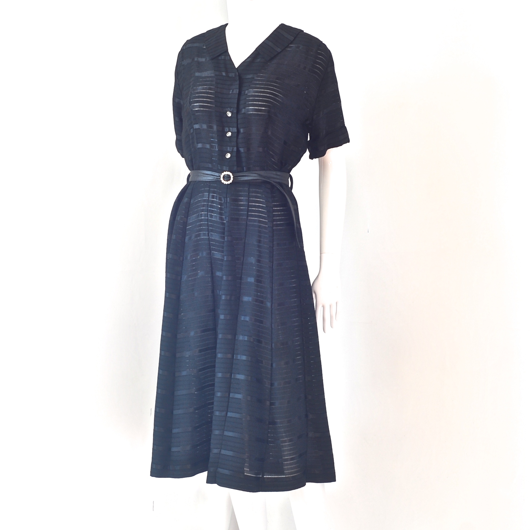 1940’s Belted Black Dress Made Of A Stunning Striped Ribbon Jacquard ...