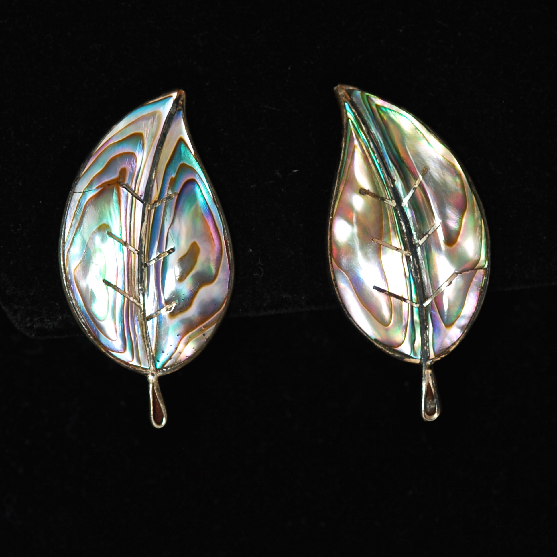 Antique Leaf Shaped Sterling Silver Earrings With Inlaid Abalone