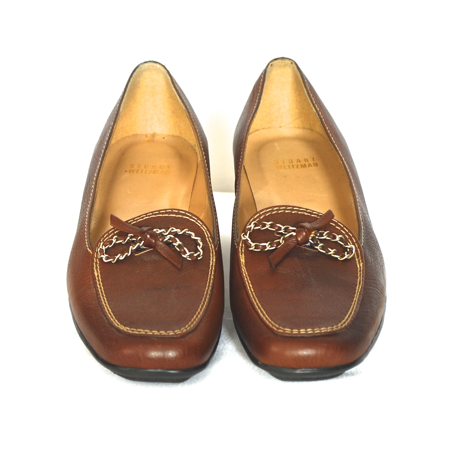 Stuart Weitzman Flat Brown Leather Shoes With Chain & Leather Bow ...