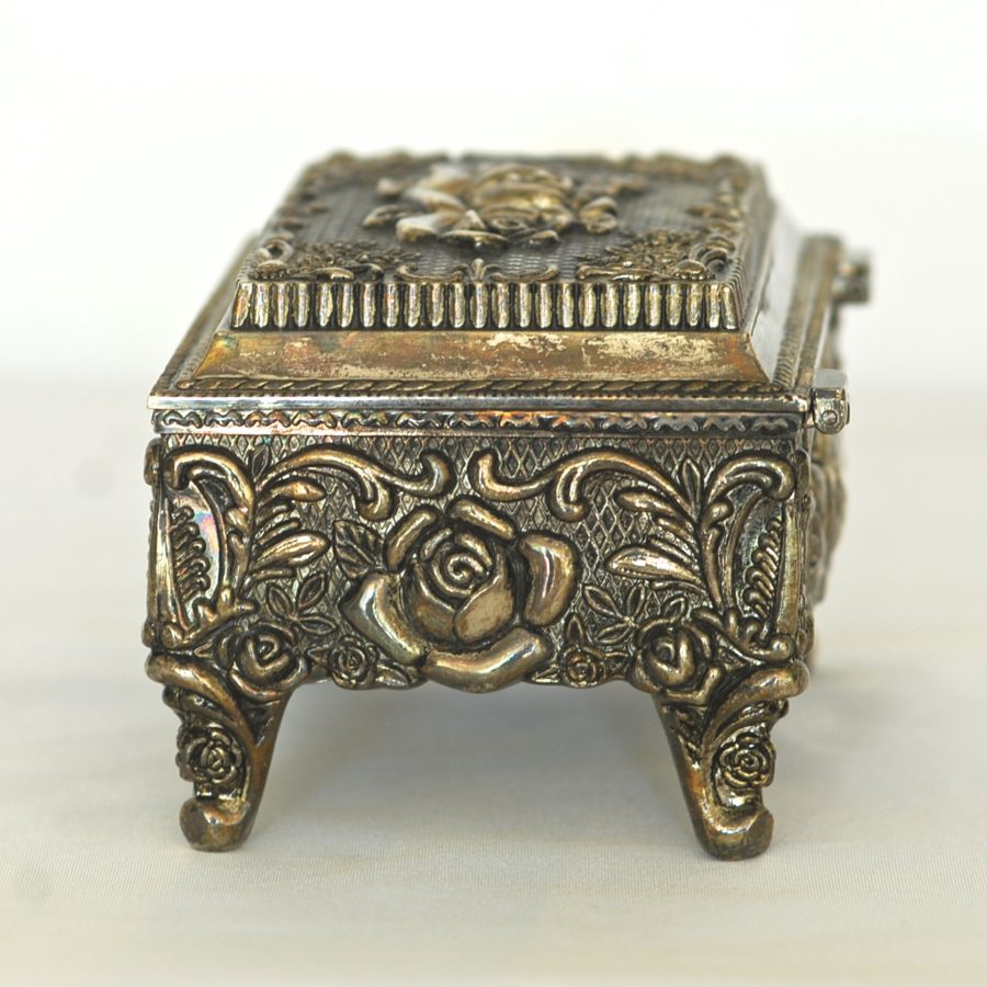 Antique Silver Metal Trinket Box With Raised Roses & Blue Interior ...