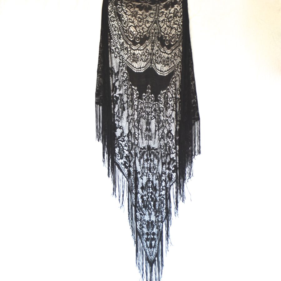 Large Black Finely Crocheted Fringed Shawl - No Labels