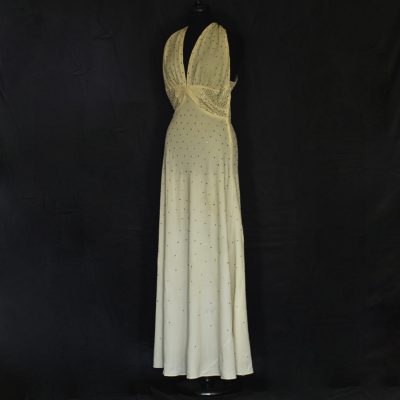 1930's Rhinestone Encrusted Bias Cut Crepe Gown With Back Slit